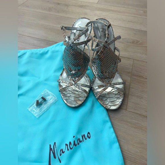 Women's Marciano Metallic Heels | Size 7.5 | Silver/Tan Snake Print - Picture 1 of 4